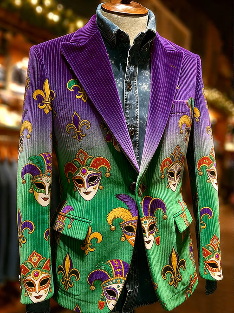 Men's Retro Mardi Gras Art Print Casual Corduroy Pocket Blazers
